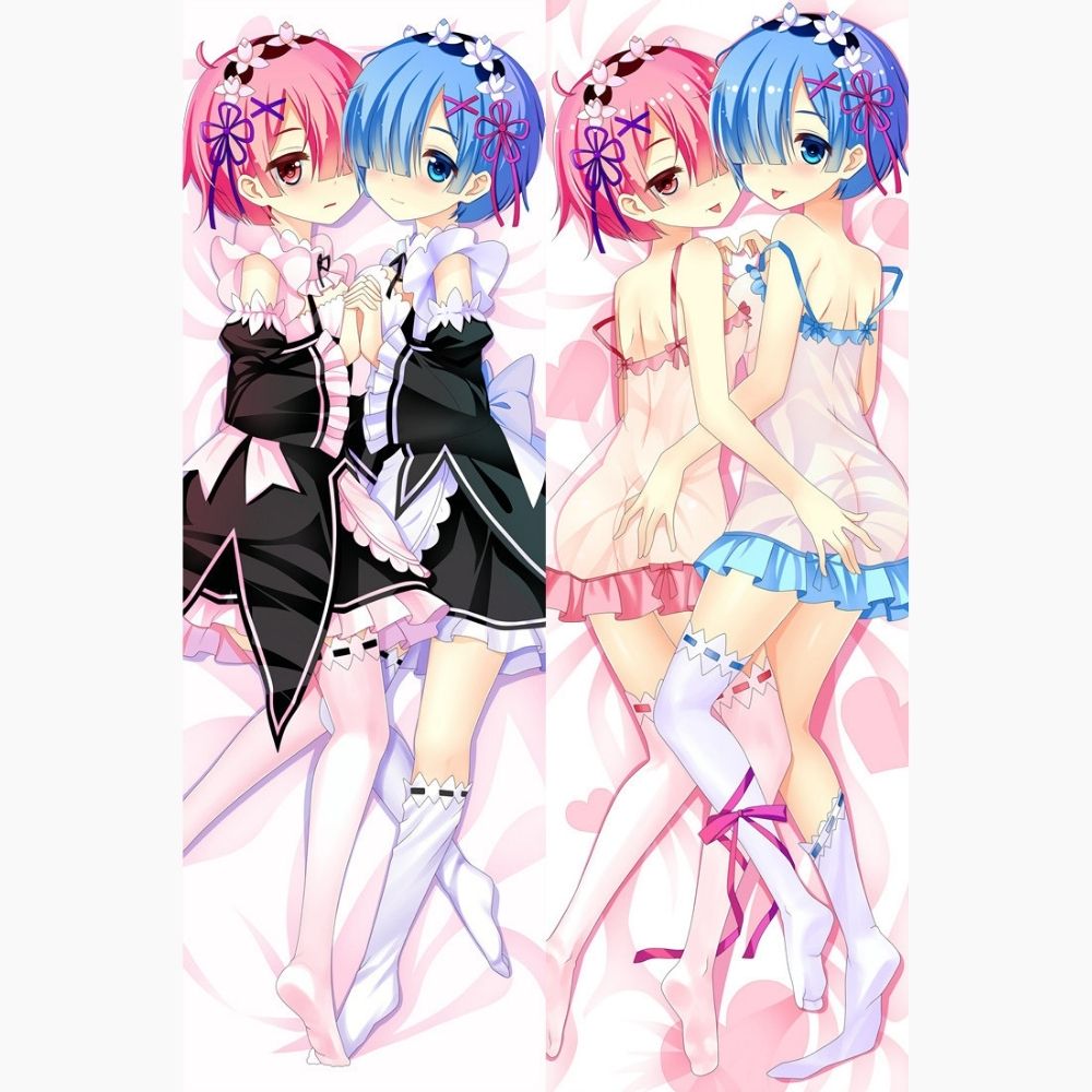 Dakimakura Rem et Ram en nuisette rouge et bleue Sans | WaifuParadise